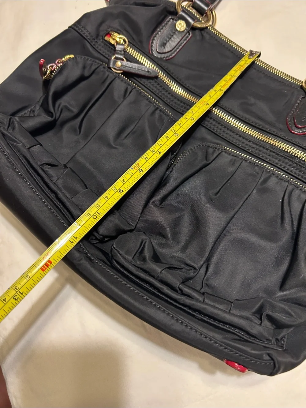 MZ Wallace Black Nylon Satchel with Gold Hardware and Red Trim